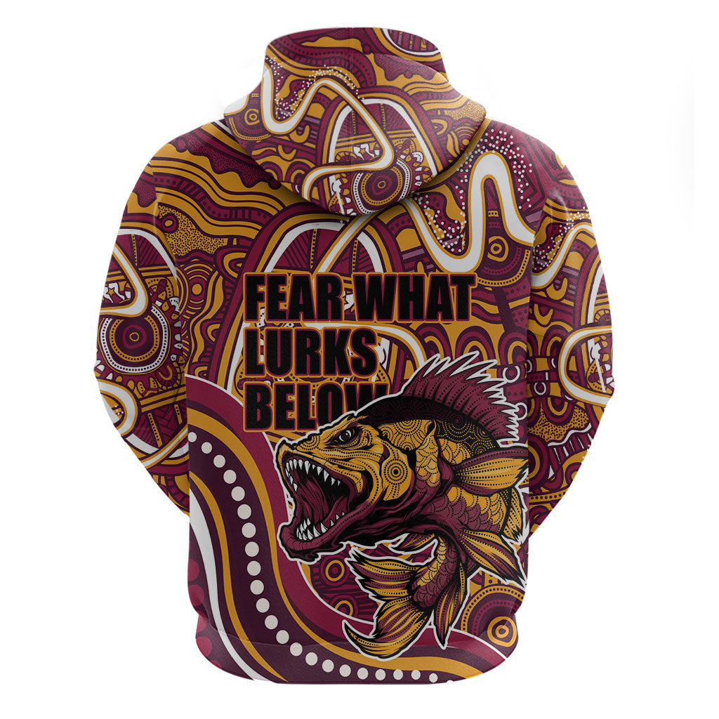 Aboriginal Barramundi Fishing Fear What Lurks Below Zip Hoodie Indigenous Australian Dot Predatory Fish