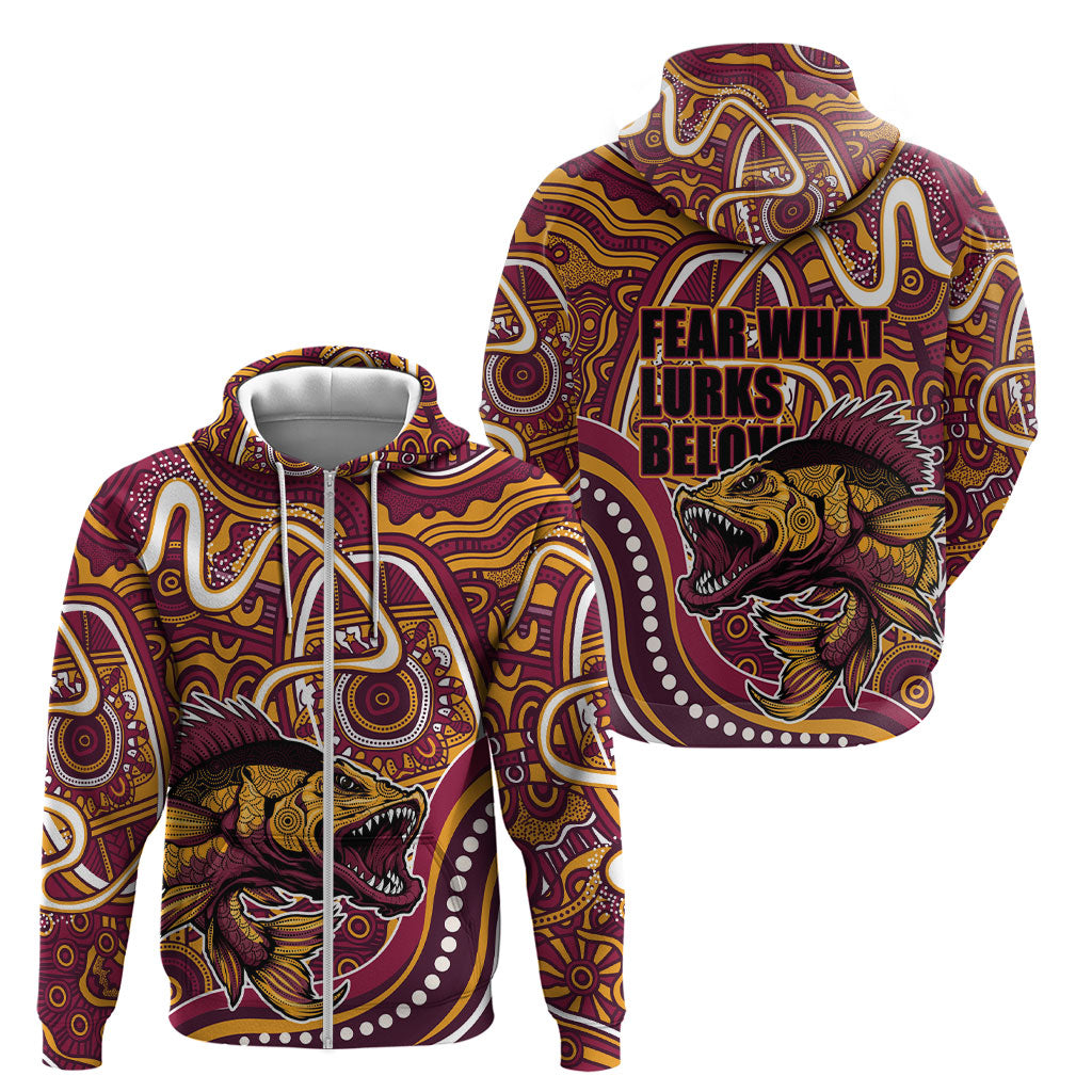 Aboriginal Barramundi Fishing Fear What Lurks Below Zip Hoodie Indigenous Australian Dot Predatory Fish