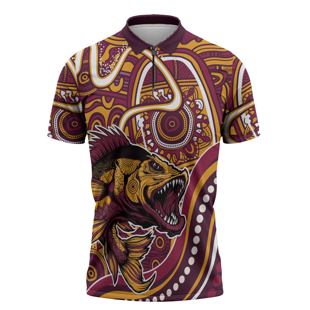 Aboriginal Barramundi Fishing Fear What Lurks Below Zipper Polo Shirt Indigenous Australian Dot Predatory Fish