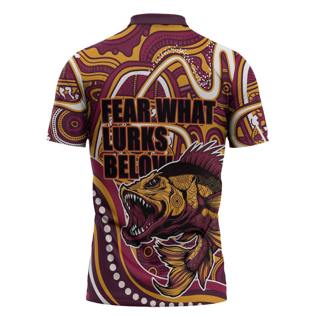 Aboriginal Barramundi Fishing Fear What Lurks Below Zipper Polo Shirt Indigenous Australian Dot Predatory Fish