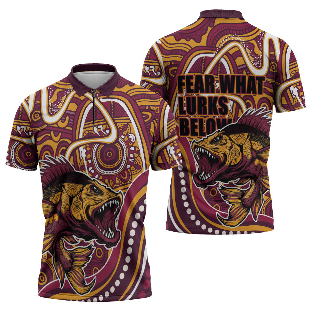 Aboriginal Barramundi Fishing Fear What Lurks Below Zipper Polo Shirt Indigenous Australian Dot Predatory Fish