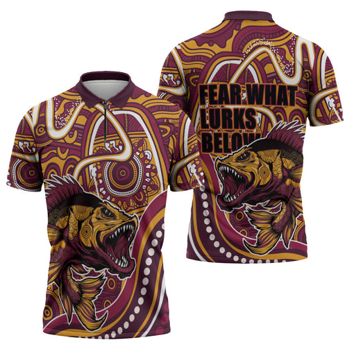 Aboriginal Barramundi Fishing Fear What Lurks Below Zipper Polo Shirt Indigenous Australian Dot Predatory Fish