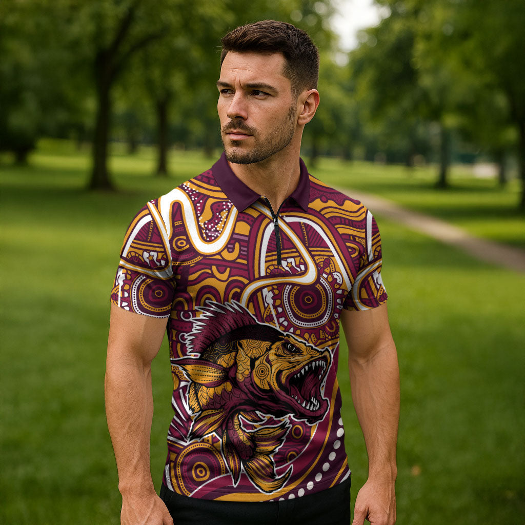 Aboriginal Barramundi Fishing Fear What Lurks Below Zipper Polo Shirt Indigenous Australian Dot Predatory Fish