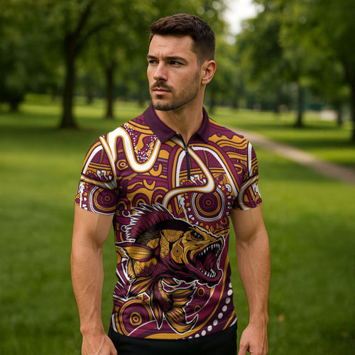 Aboriginal Barramundi Fishing Fear What Lurks Below Zipper Polo Shirt Indigenous Australian Dot Predatory Fish