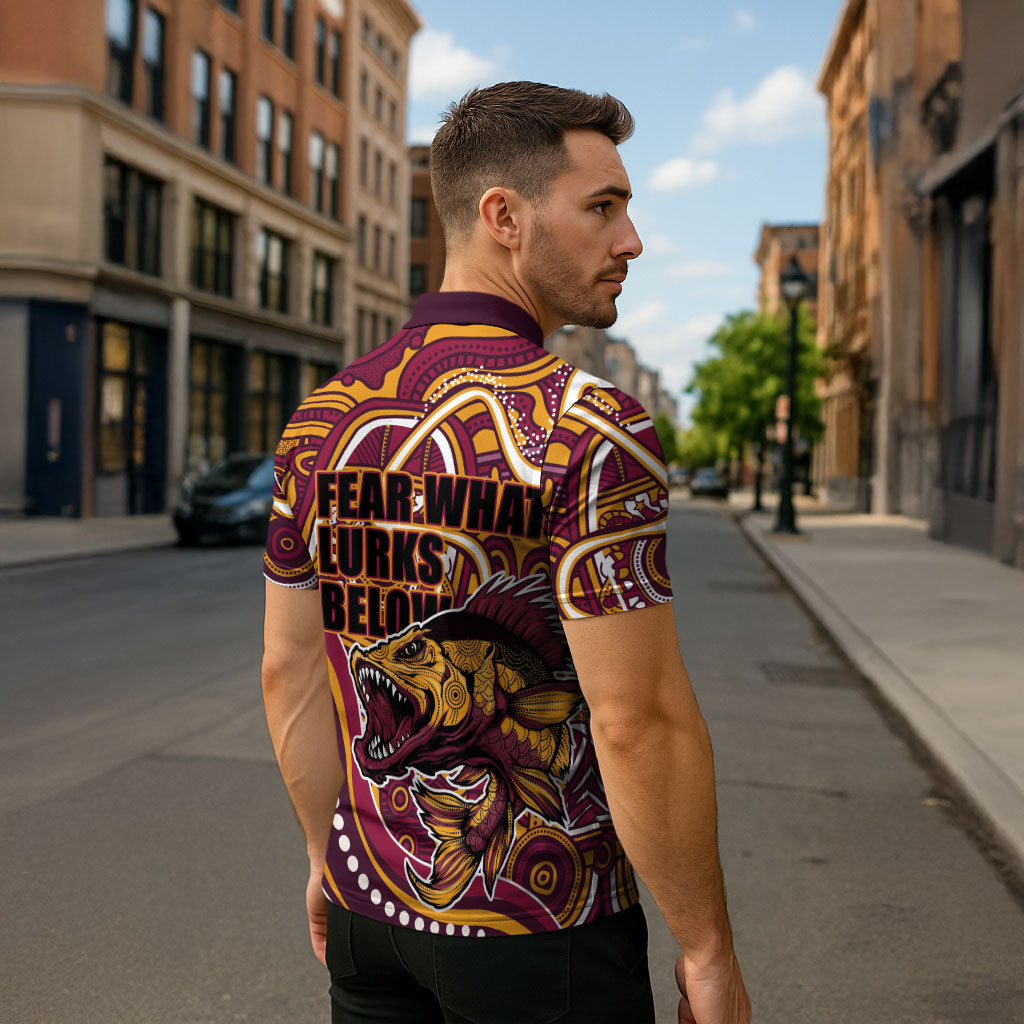 Aboriginal Barramundi Fishing Fear What Lurks Below Zipper Polo Shirt Indigenous Australian Dot Predatory Fish