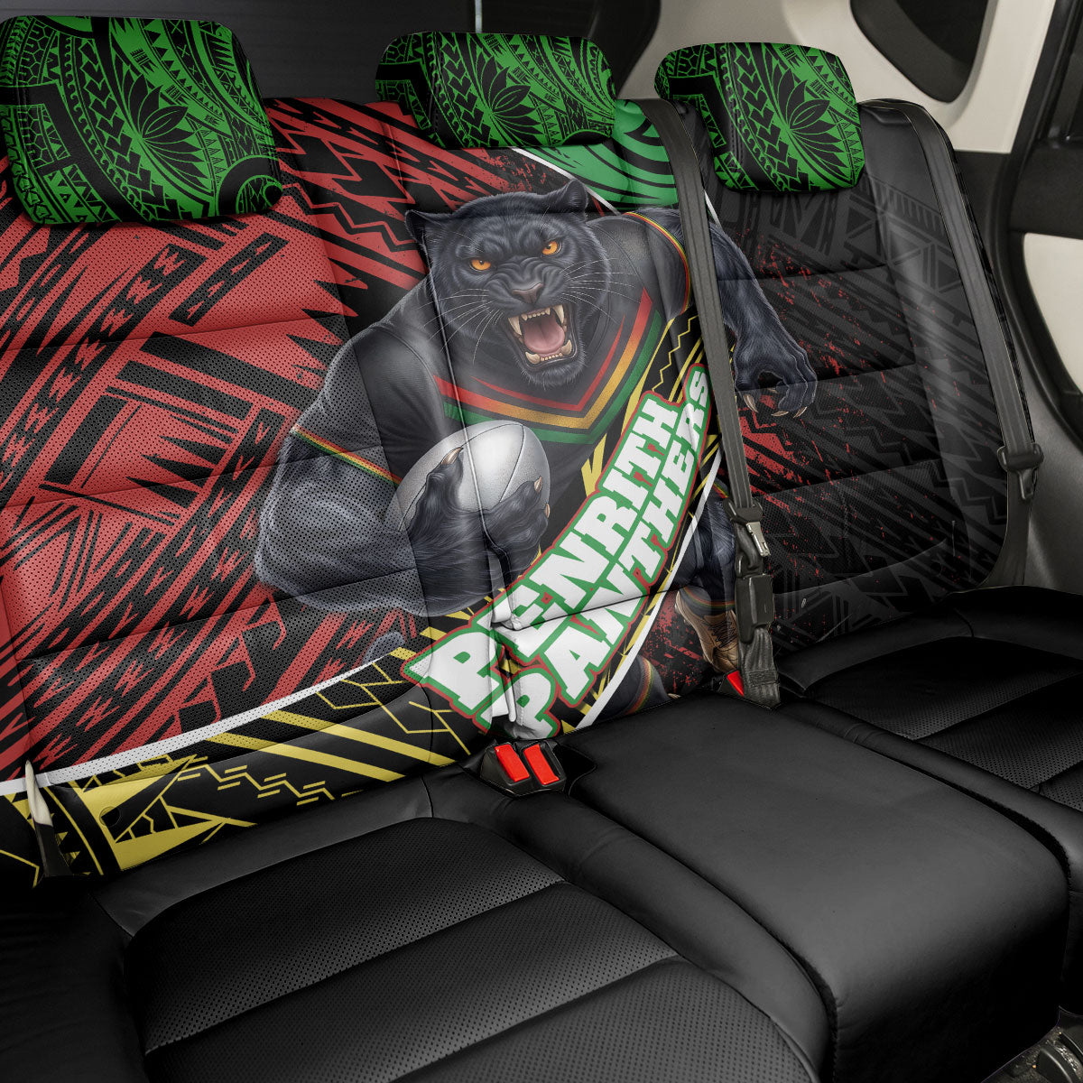 Penrith Panthers Rugby Back Car Seat Cover Tribal Polynesian Power Art - Lightning Mascot
