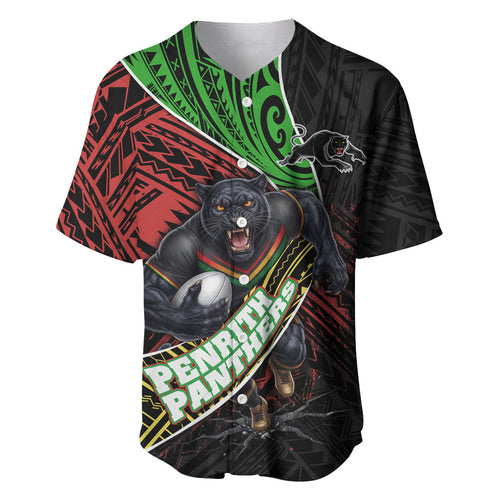 Penrith Panthers Rugby Baseball Jersey Tribal Polynesian Power Art - Lightning Mascot