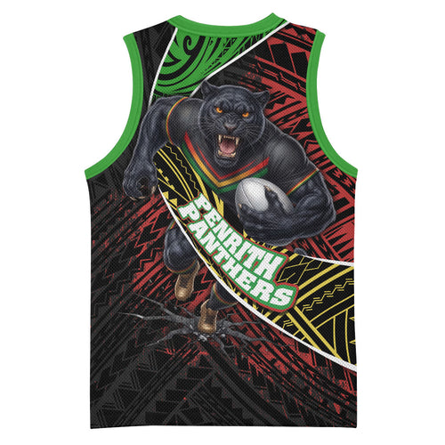 Penrith Panthers Rugby Basketball Jersey Tribal Polynesian Power Art - Lightning Mascot