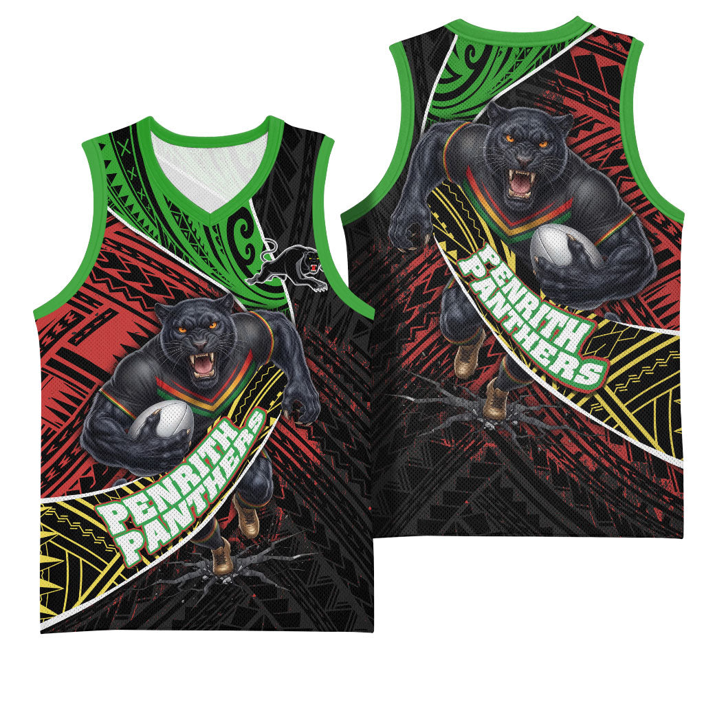 Penrith Panthers Rugby Basketball Jersey Tribal Polynesian Power Art - Lightning Mascot