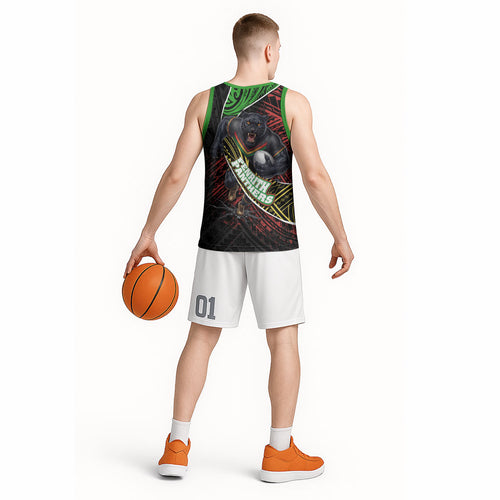 Penrith Panthers Rugby Basketball Jersey Tribal Polynesian Power Art - Lightning Mascot