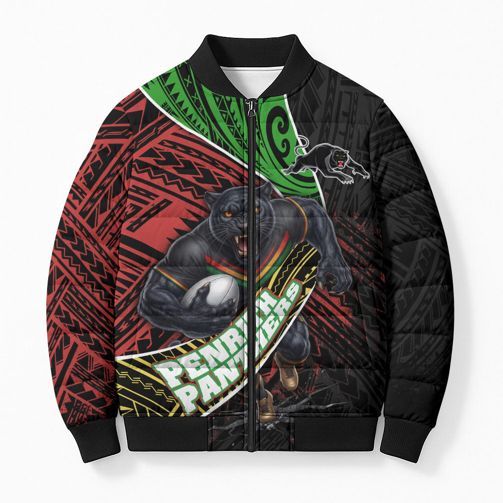 Penrith Panthers Rugby Bomber Puffer Jacket Tribal Polynesian Power Art - Lightning Mascot