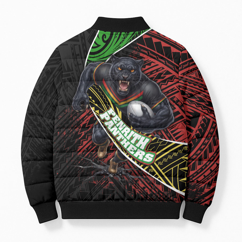 Penrith Panthers Rugby Bomber Puffer Jacket Tribal Polynesian Power Art - Lightning Mascot