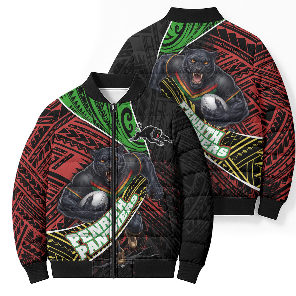 Penrith Panthers Rugby Bomber Puffer Jacket Tribal Polynesian Power Art - Lightning Mascot