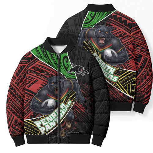 Penrith Panthers Rugby Bomber Puffer Jacket Tribal Polynesian Power Art - Lightning Mascot
