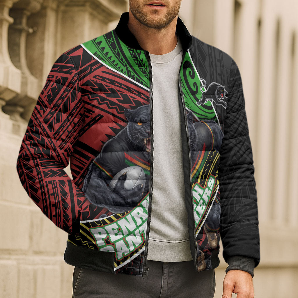 Penrith Panthers Rugby Bomber Puffer Jacket Tribal Polynesian Power Art - Lightning Mascot