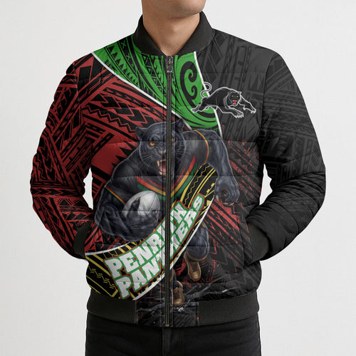 Penrith Panthers Rugby Bomber Puffer Jacket Tribal Polynesian Power Art - Lightning Mascot