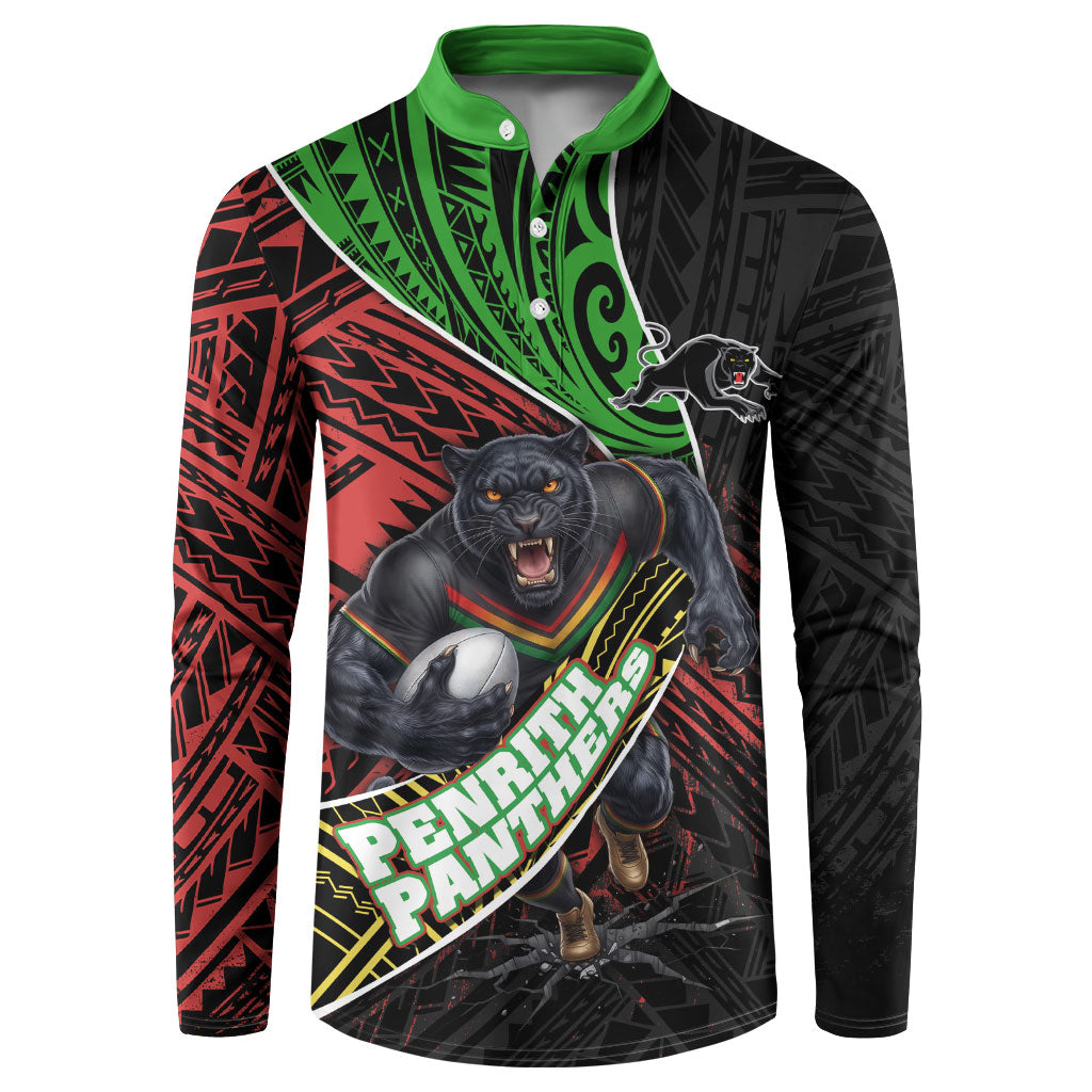Penrith Panthers Rugby Button Sweatshirt Tribal Polynesian Power Art - Lightning Mascot