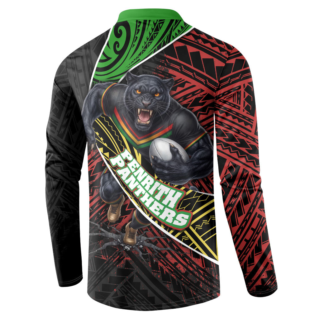 Penrith Panthers Rugby Button Sweatshirt Tribal Polynesian Power Art - Lightning Mascot