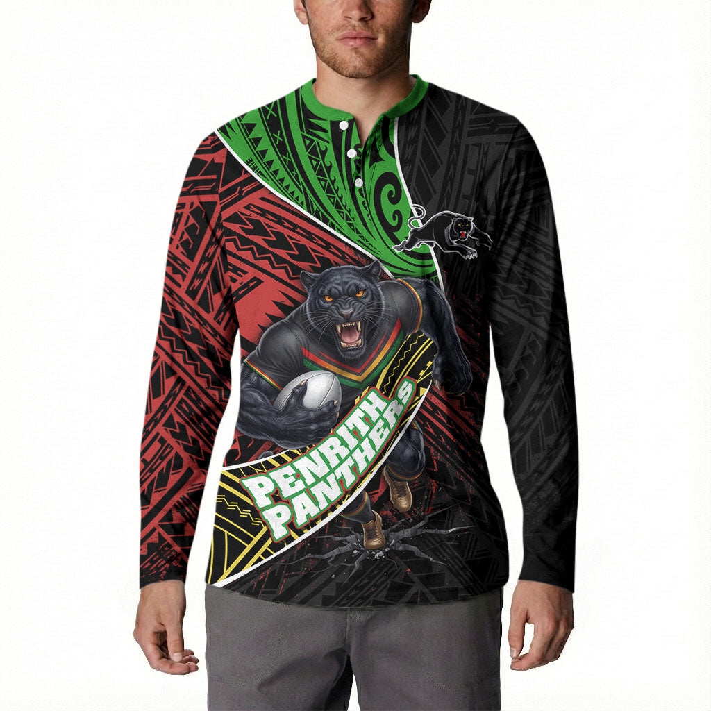 Penrith Panthers Rugby Button Sweatshirt Tribal Polynesian Power Art - Lightning Mascot
