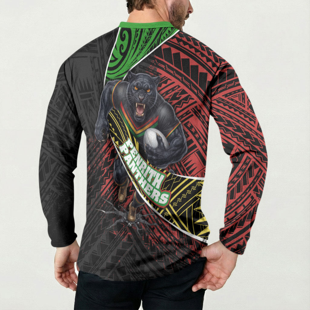 Penrith Panthers Rugby Button Sweatshirt Tribal Polynesian Power Art - Lightning Mascot