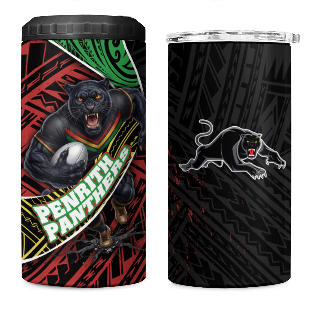 Penrith Panthers Rugby 4 in 1 Can Cooler Tumbler Tribal Polynesian Power Art - Lightning Mascot