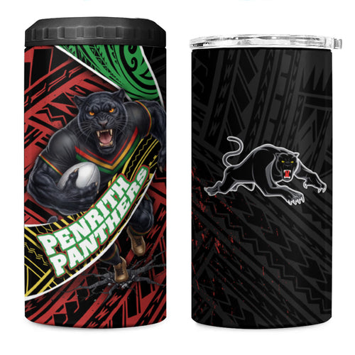 Penrith Panthers Rugby 4 in 1 Can Cooler Tumbler Tribal Polynesian Power Art - Lightning Mascot