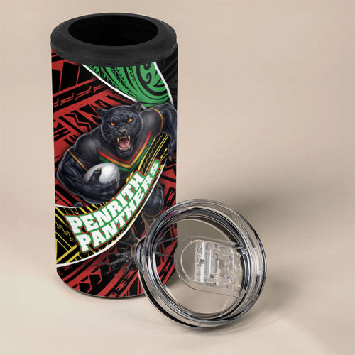 Penrith Panthers Rugby 4 in 1 Can Cooler Tumbler Tribal Polynesian Power Art - Lightning Mascot