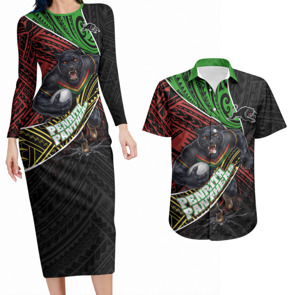 Penrith Panthers Rugby Couples Matching Long Sleeve Bodycon Dress and Hawaiian Shirt Tribal Polynesian Power Art - Lightning Mascot