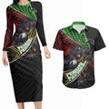 Penrith Panthers Rugby Couples Matching Long Sleeve Bodycon Dress and Hawaiian Shirt Tribal Polynesian Power Art - Lightning Mascot