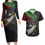 Penrith Panthers Rugby Couples Matching Long Sleeve Bodycon Dress and Hawaiian Shirt Tribal Polynesian Power Art - Lightning Mascot