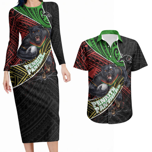 Penrith Panthers Rugby Couples Matching Long Sleeve Bodycon Dress and Hawaiian Shirt Tribal Polynesian Power Art - Lightning Mascot