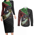 Penrith Panthers Rugby Couples Matching Long Sleeve Bodycon Dress and Long Sleeve Button Shirt Tribal Polynesian Power Art - Lightning Mascot