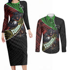 Penrith Panthers Rugby Couples Matching Long Sleeve Bodycon Dress and Long Sleeve Button Shirt Tribal Polynesian Power Art - Lightning Mascot