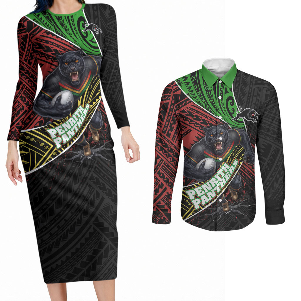 Penrith Panthers Rugby Couples Matching Long Sleeve Bodycon Dress and Long Sleeve Button Shirt Tribal Polynesian Power Art - Lightning Mascot