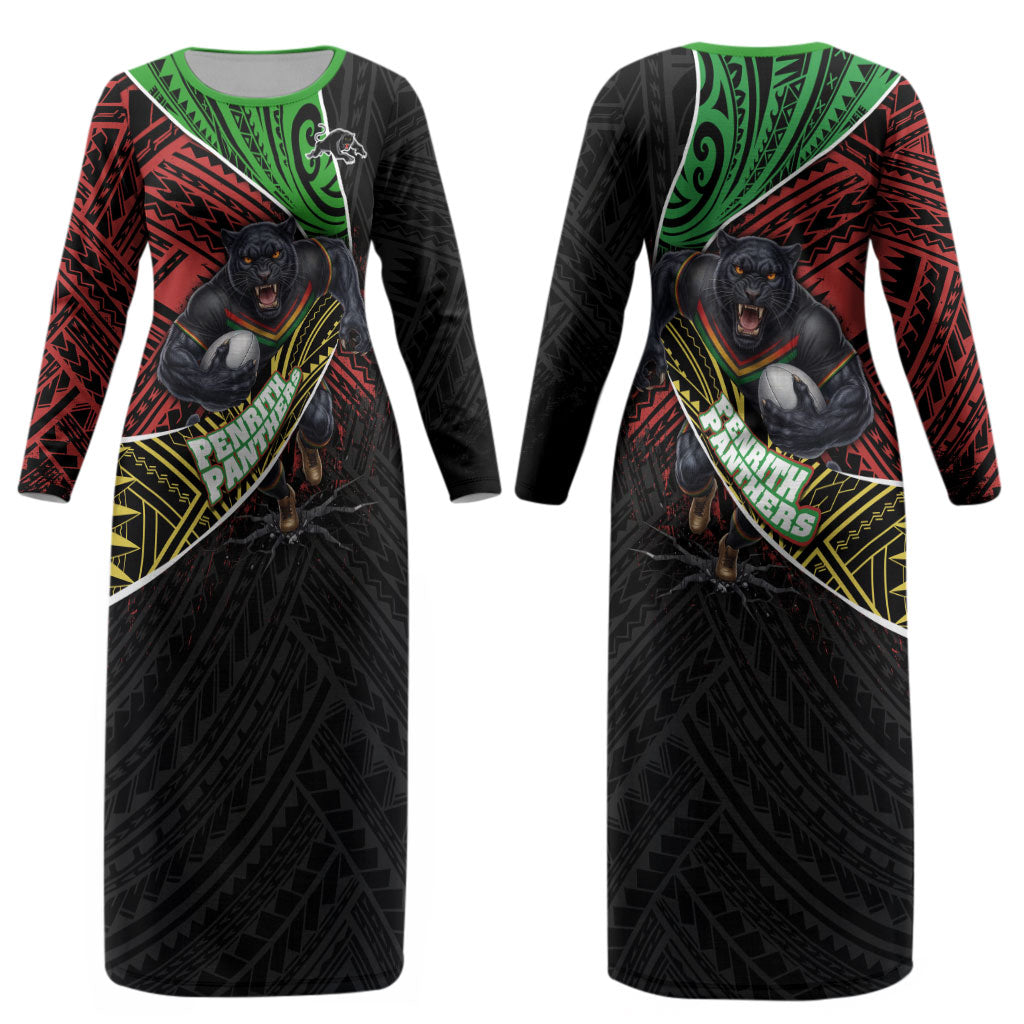 Penrith Panthers Rugby Couples Matching Long Sleeve Bodycon Dress and Long Sleeve Button Shirt Tribal Polynesian Power Art - Lightning Mascot