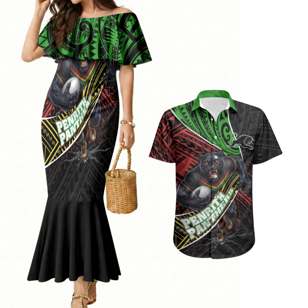 Penrith Panthers Rugby Couples Matching Mermaid Dress and Hawaiian Shirt Tribal Polynesian Power Art - Lightning Mascot