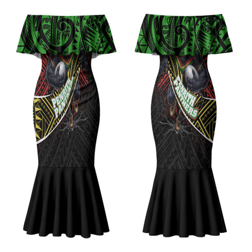 Penrith Panthers Rugby Couples Matching Mermaid Dress and Hawaiian Shirt Tribal Polynesian Power Art - Lightning Mascot