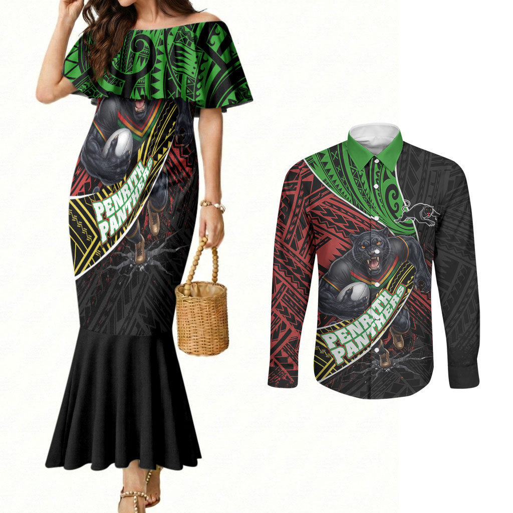 Penrith Panthers Rugby Couples Matching Mermaid Dress and Long Sleeve Button Shirt Tribal Polynesian Power Art - Lightning Mascot