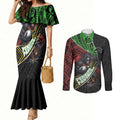 Penrith Panthers Rugby Couples Matching Mermaid Dress and Long Sleeve Button Shirt Tribal Polynesian Power Art - Lightning Mascot