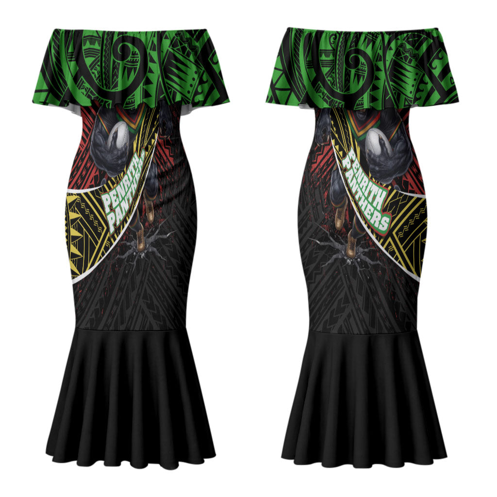 Penrith Panthers Rugby Couples Matching Mermaid Dress and Long Sleeve Button Shirt Tribal Polynesian Power Art - Lightning Mascot