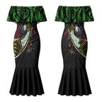 Penrith Panthers Rugby Couples Matching Mermaid Dress and Long Sleeve Button Shirt Tribal Polynesian Power Art - Lightning Mascot