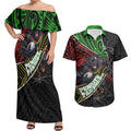 Penrith Panthers Rugby Couples Matching Off Shoulder Maxi Dress and Hawaiian Shirt Tribal Polynesian Power Art - Lightning Mascot
