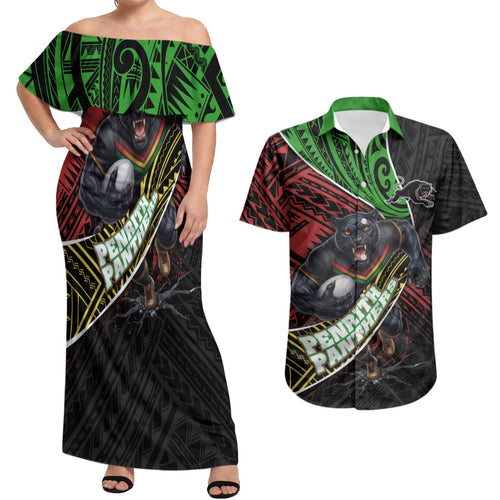 Penrith Panthers Rugby Couples Matching Off Shoulder Maxi Dress and Hawaiian Shirt Tribal Polynesian Power Art - Lightning Mascot