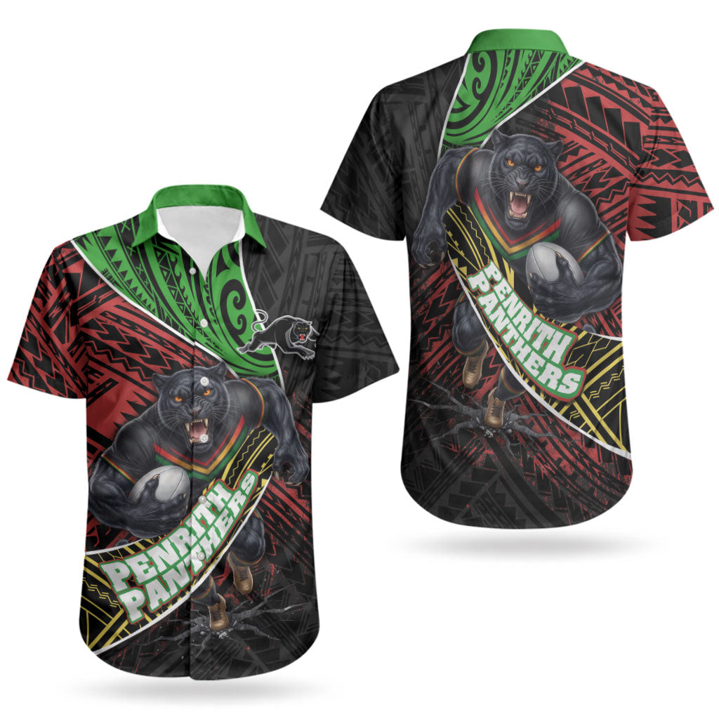 Penrith Panthers Rugby Couples Matching Off Shoulder Maxi Dress and Hawaiian Shirt Tribal Polynesian Power Art - Lightning Mascot