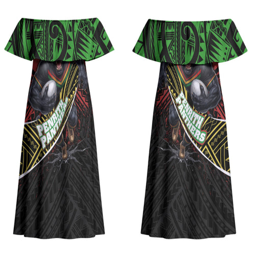 Penrith Panthers Rugby Couples Matching Off Shoulder Maxi Dress and Hawaiian Shirt Tribal Polynesian Power Art - Lightning Mascot