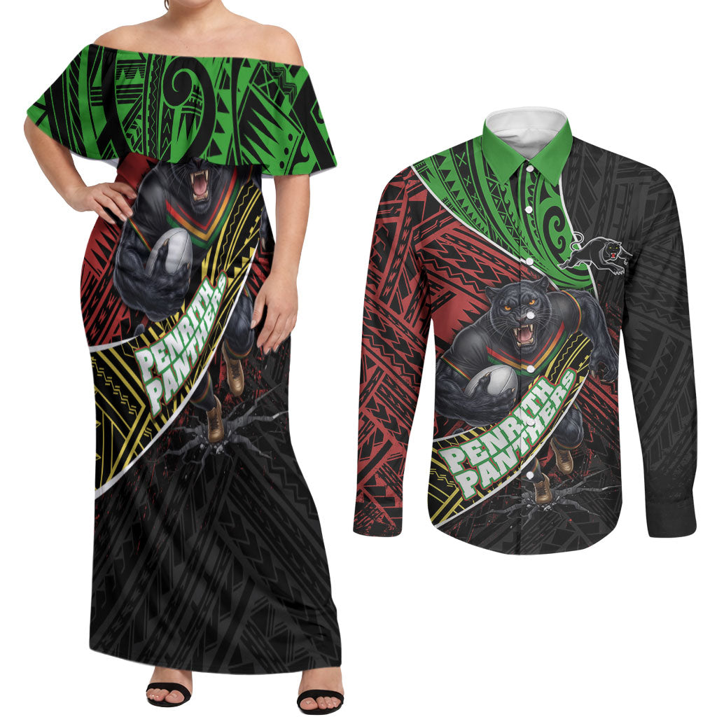 Penrith Panthers Rugby Couples Matching Off Shoulder Maxi Dress and Long Sleeve Button Shirt Tribal Polynesian Power Art - Lightning Mascot