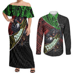 Penrith Panthers Rugby Couples Matching Off Shoulder Maxi Dress and Long Sleeve Button Shirt Tribal Polynesian Power Art - Lightning Mascot