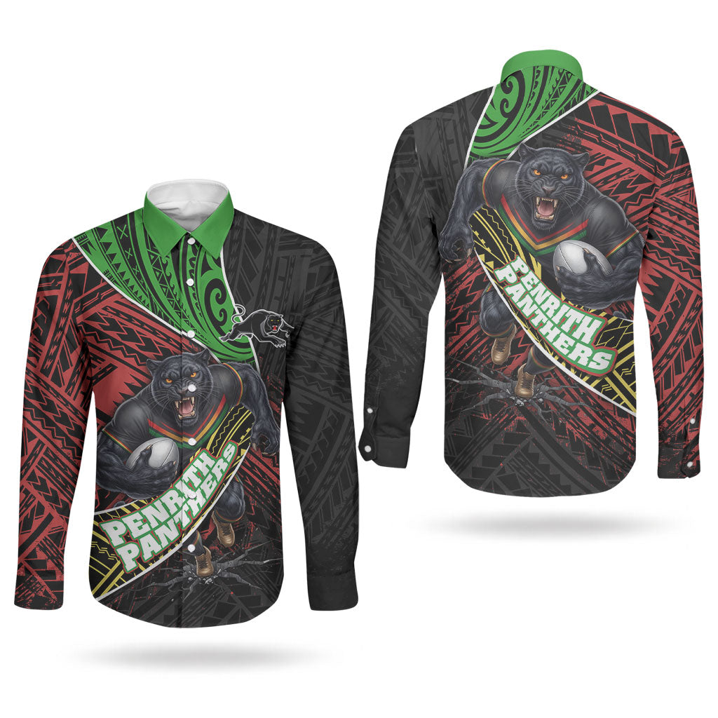 Penrith Panthers Rugby Couples Matching Off Shoulder Maxi Dress and Long Sleeve Button Shirt Tribal Polynesian Power Art - Lightning Mascot