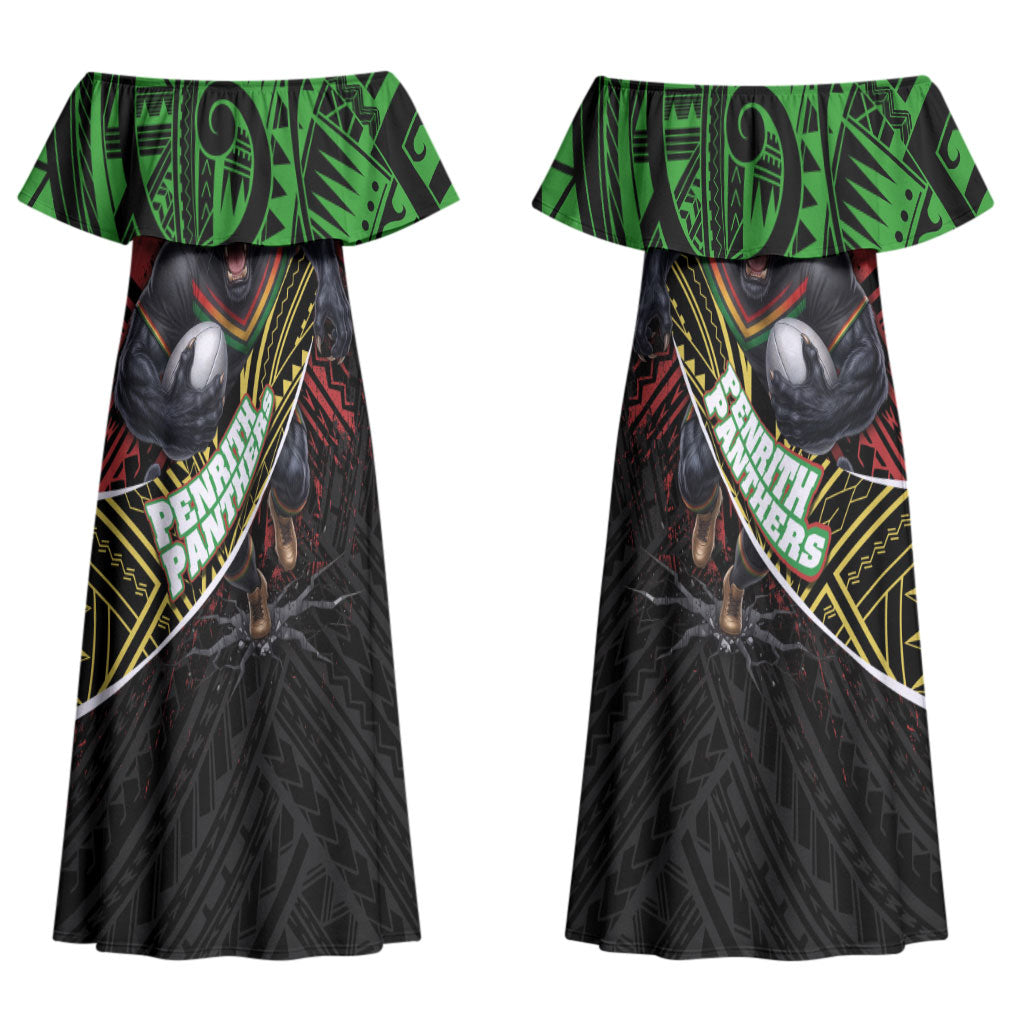 Penrith Panthers Rugby Couples Matching Off Shoulder Maxi Dress and Long Sleeve Button Shirt Tribal Polynesian Power Art - Lightning Mascot