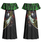 Penrith Panthers Rugby Couples Matching Off Shoulder Maxi Dress and Long Sleeve Button Shirt Tribal Polynesian Power Art - Lightning Mascot